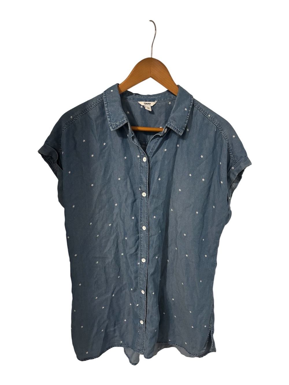 Women's Chambray, White Stars, Rolled Sleeves, Button Down Shirt Size M